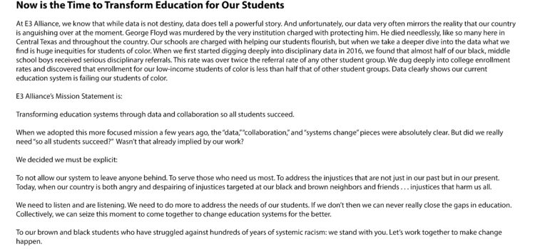 Message from E3 Alliance: Now is the Time to Transform Education for Our Students